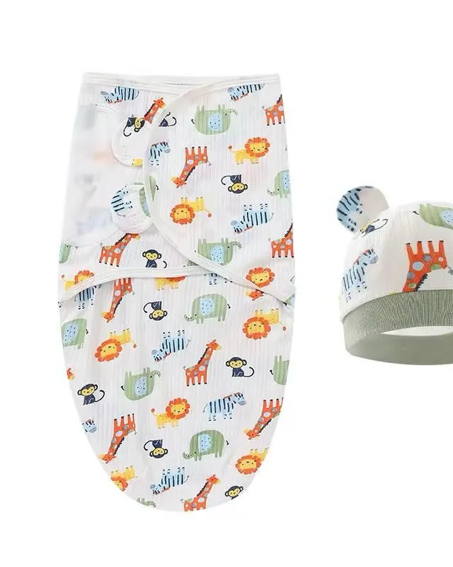 Akaa Animal printed baby swaddle with hat 0-3 months