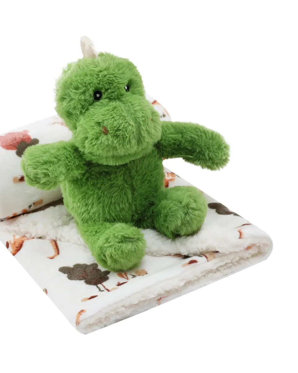 Infancie Cute Fleece Blanket (76 x 101 cm) with Cute Dino Shnuggle Plush Toy (25 x 19cm) Green/Multicolor IT5119