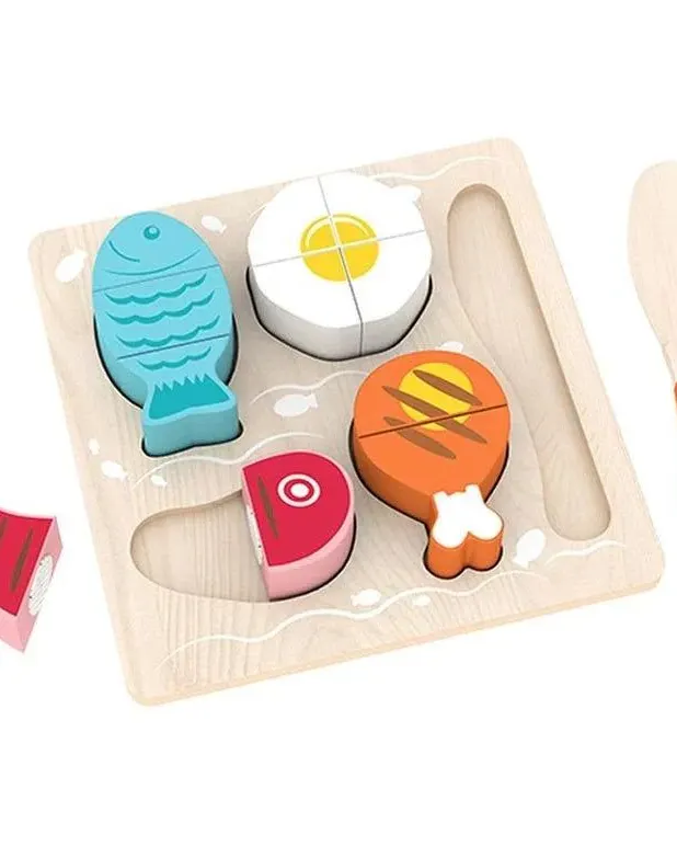Acool Toys Wooden Flat Meat Dish Cutting Role Play Set of 6 Multicolor Age- 18 Months & Above