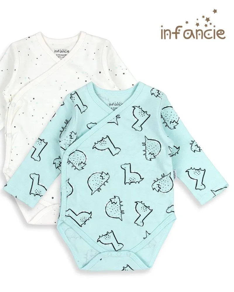 Infancie Baby 2 in a pack Kimono Long Sleeves Bodysuits White/Mint Dino IT3716