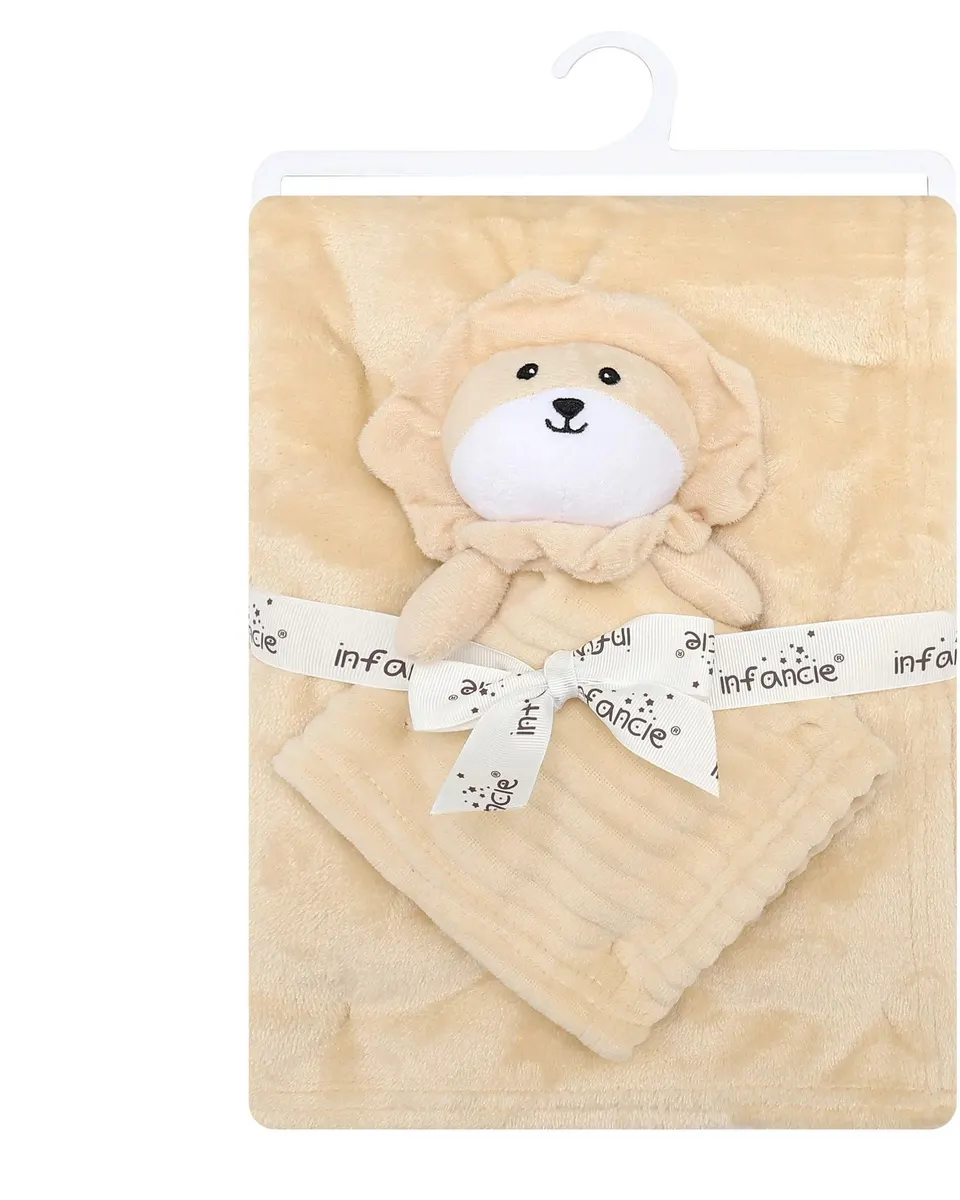 Infancie Cute Fleece Blanket (75 x 100 cm) with Cute Doll Plush Toy (30 x 30 cm) Light Brown IT6025