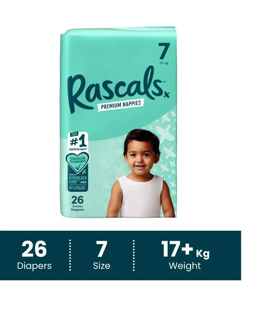 Rascals Premium Adhesive Junior Kids Nappy Diapers Size 7 (18 Kgs & Above) - 26 Pieces