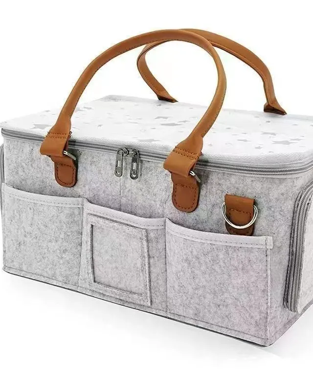 Pibi Large Rectangular Diaper Caddy with PU Leather Handles with Personalized Pocket Light Grey
