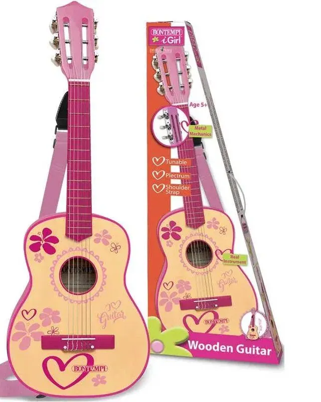 Bontempi Wooden Guitar 75 Cm I Girl With Shoulder Strap Age-5 Years & Above