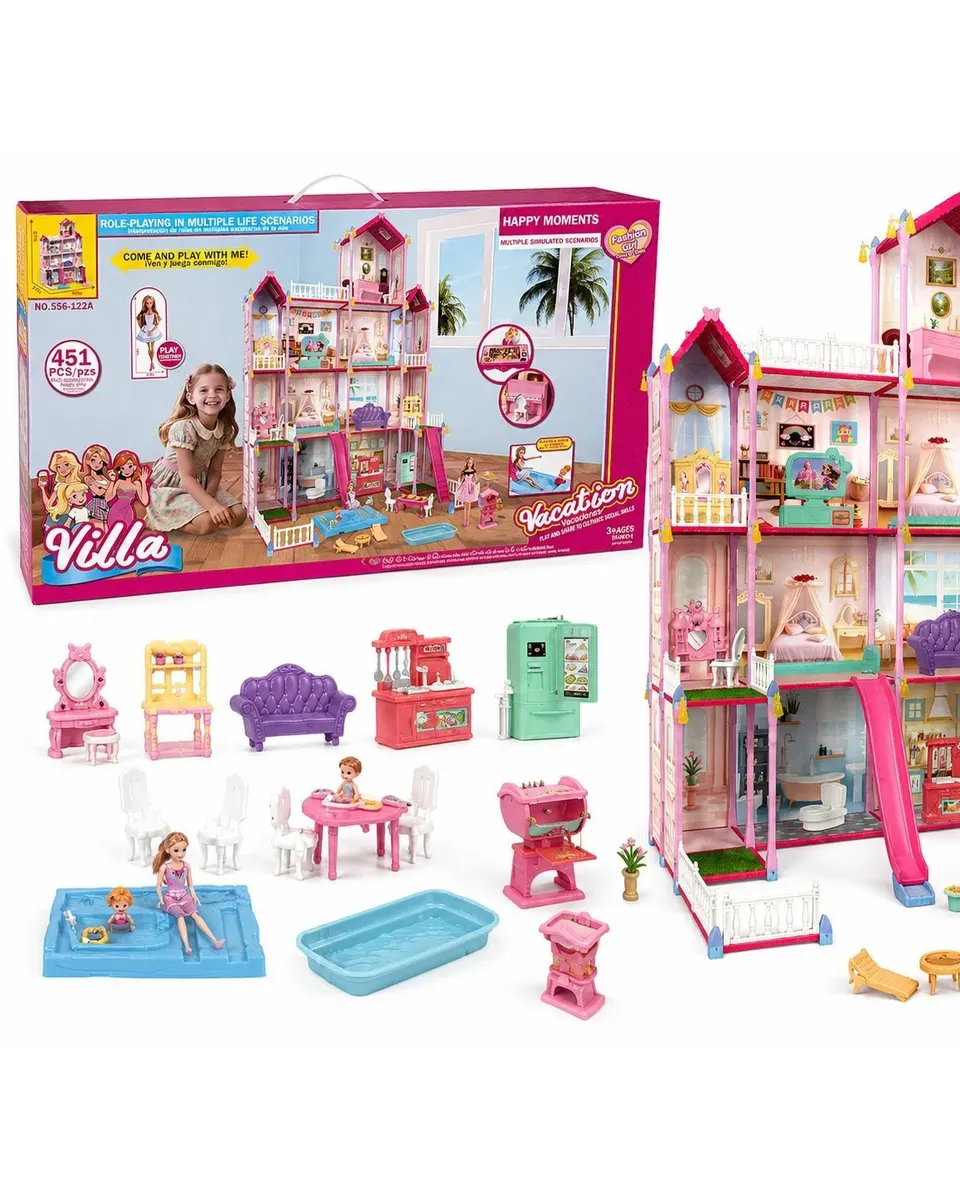 Pibi Multi-Storey Pretend Play 451-Piece Luxury Villa Dollhouse Play Set with Furniture, Swimming Pool, Dolls & Accessories Age- 3 Years & Above